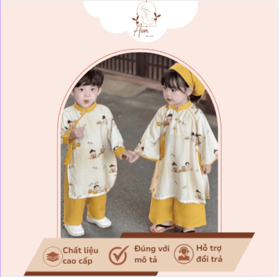 Áo Dài Trẻ Em AVA Họa Tiết Dân Gian Phối Quần Vàng Nghệ