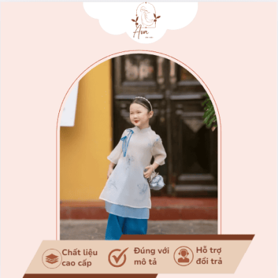 Áo Dài Trẻ Em Cách Tân Hoa Nhạt Phối Quần Xanh Thanh Lịch